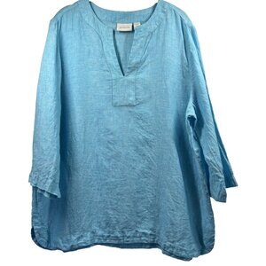 Chicos Women's Top Blouse Size XL Solid Blue 100% Linen 3/4 Sleeves Pullover